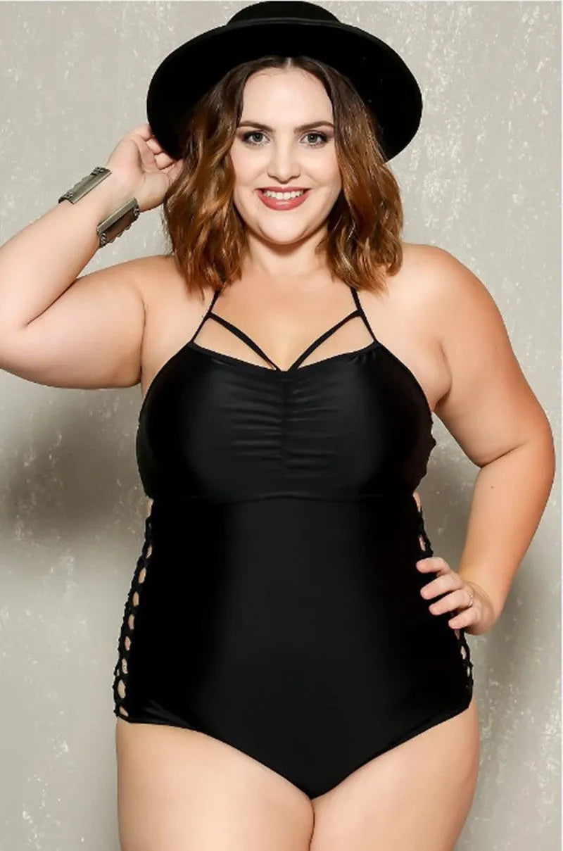 Plus size one-piece swimsuit with steel support and no chest pad, black or rainbow, Asian sizes XL-5XL