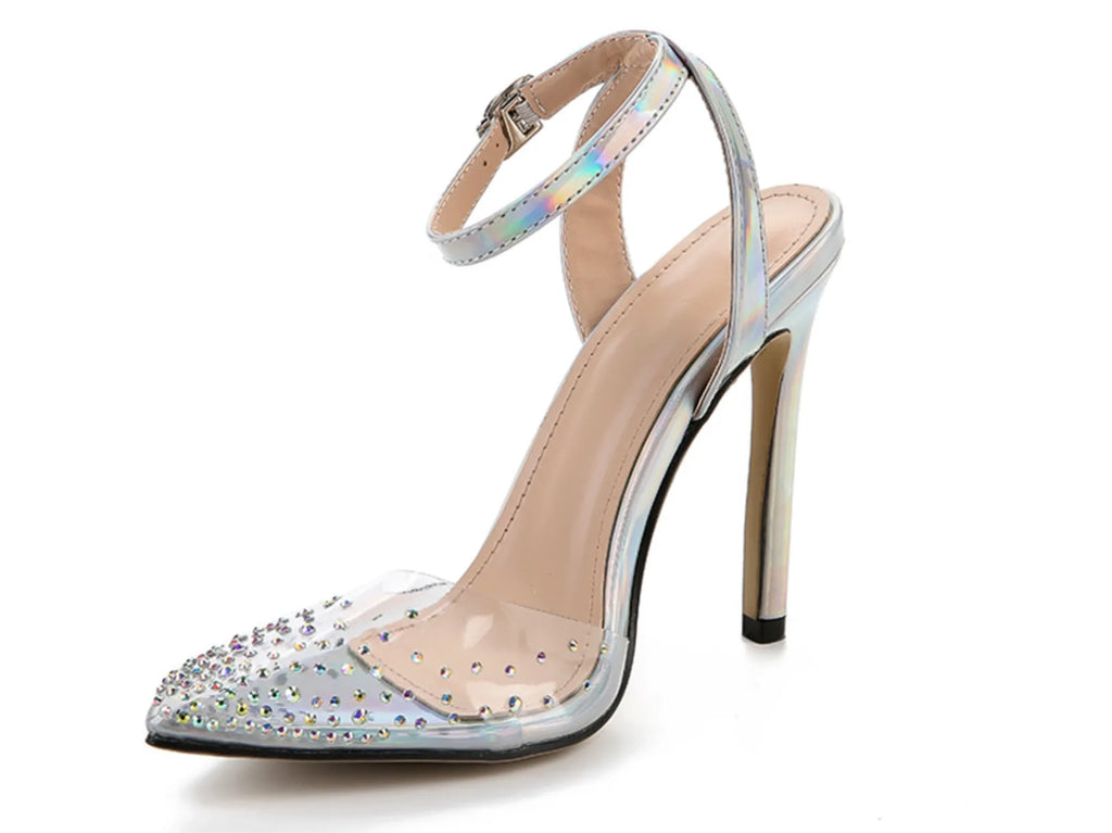 Women's pointed toe stiletto sandals with diamond details on a PVC upper.