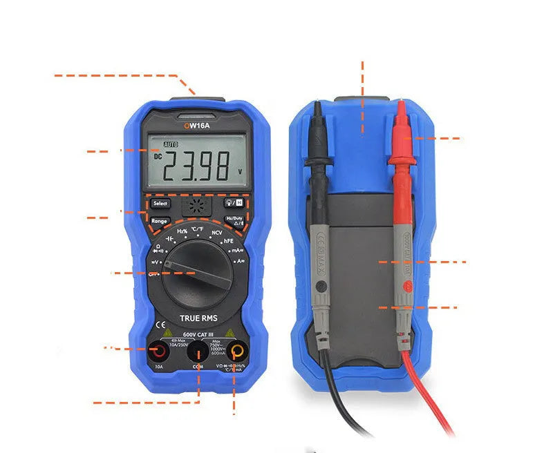 Handheld digital multimeter on a workbench with test leads, showing a large LCD display.