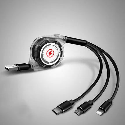 3 in 1 telescopic charging cable extended to show titanium alloy connectors and TPE wire body