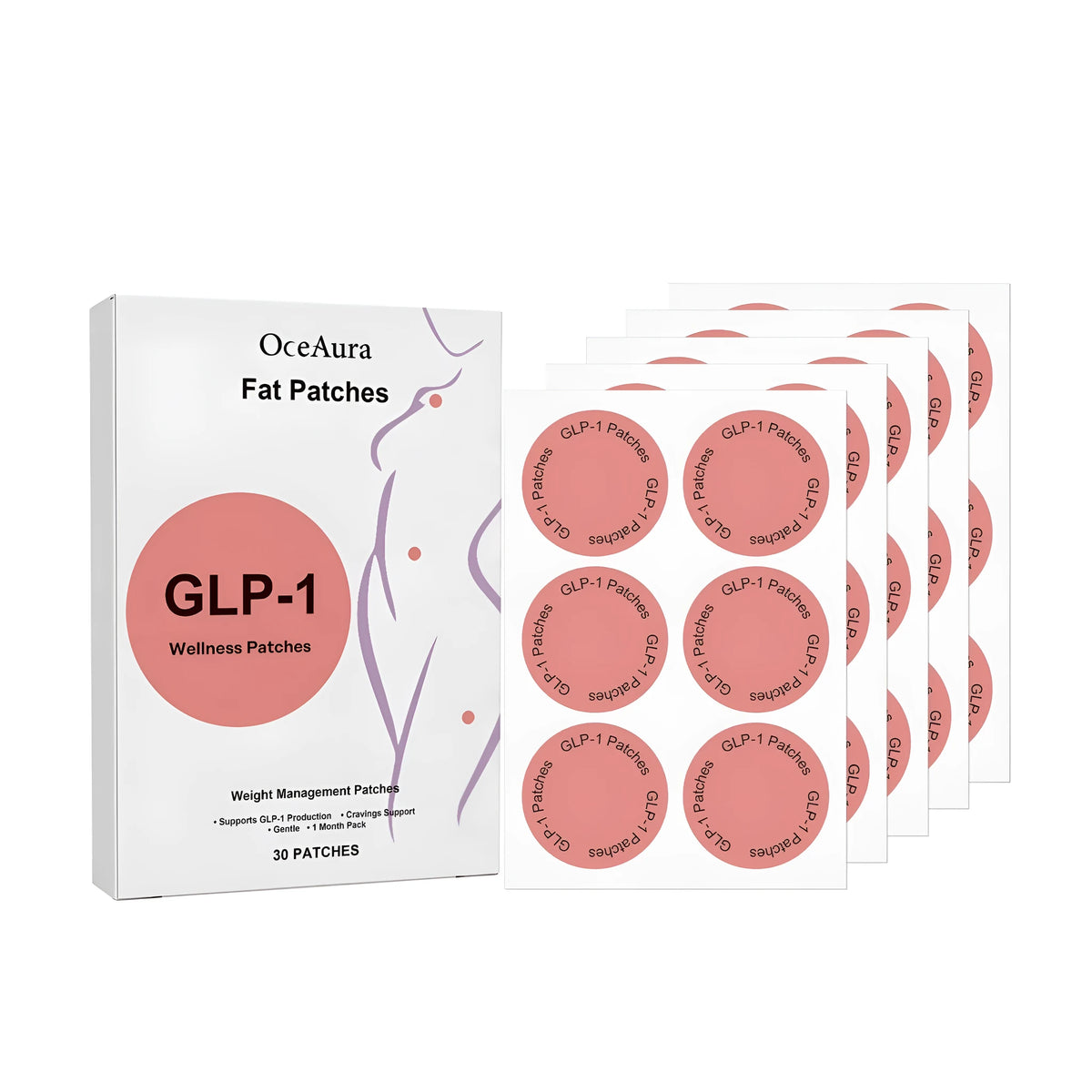 Weight management control patch pack with 30 patches containing peach kernel oil, acetyl hexapeptide-8, and hydroxyethyl cellulose