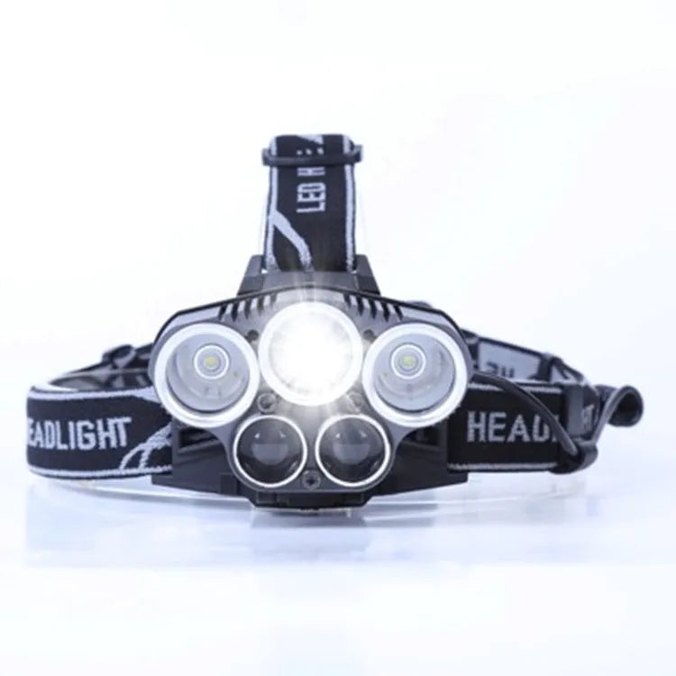 Fixed focus LED head torch for outdoor camping with long-range illumination.