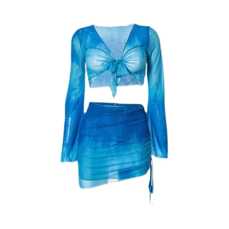 Women's blue high-waist bikini four-piece swimsuit set showing shirt, bra, underwear, and skirt components