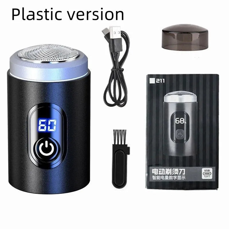 Black portable USB rechargeable electric shaver with LED display, shown with its cleaning brush and protective cover.