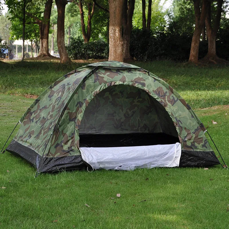 Camouflage two-person camping tent with triangular skylight and breathable mesh panels