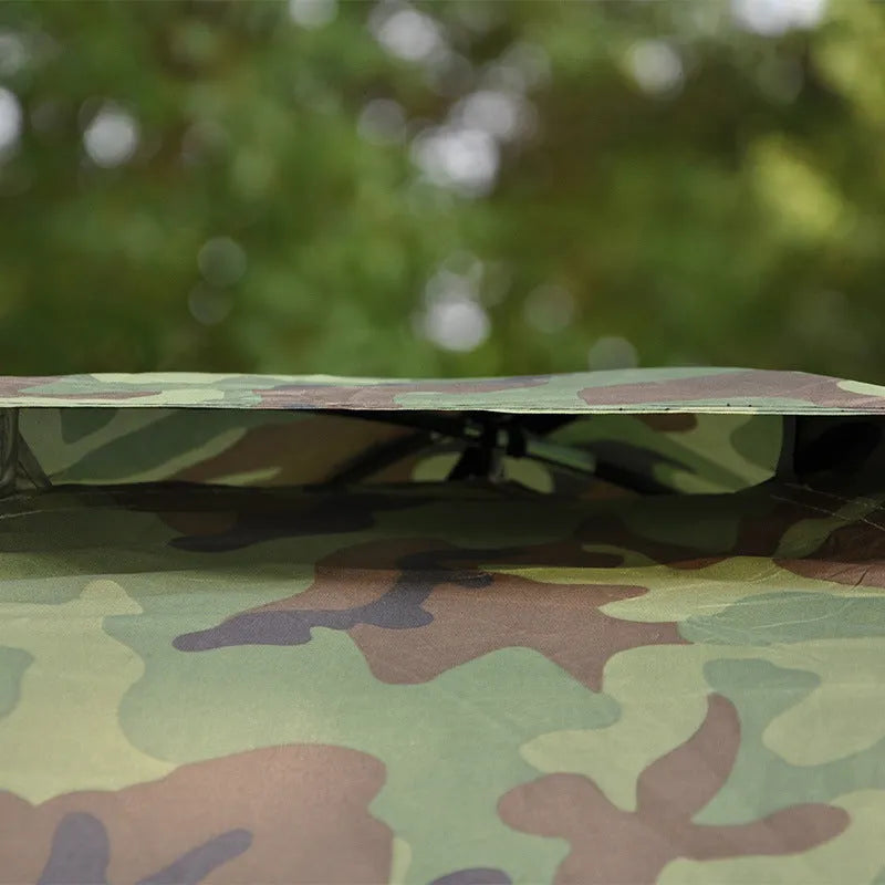 Camouflage two-person camping tent with triangular skylight and breathable mesh panels