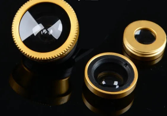 Three-in-one smartphone lens kit showing fisheye, wide-angle and macro attachments for mobile photography