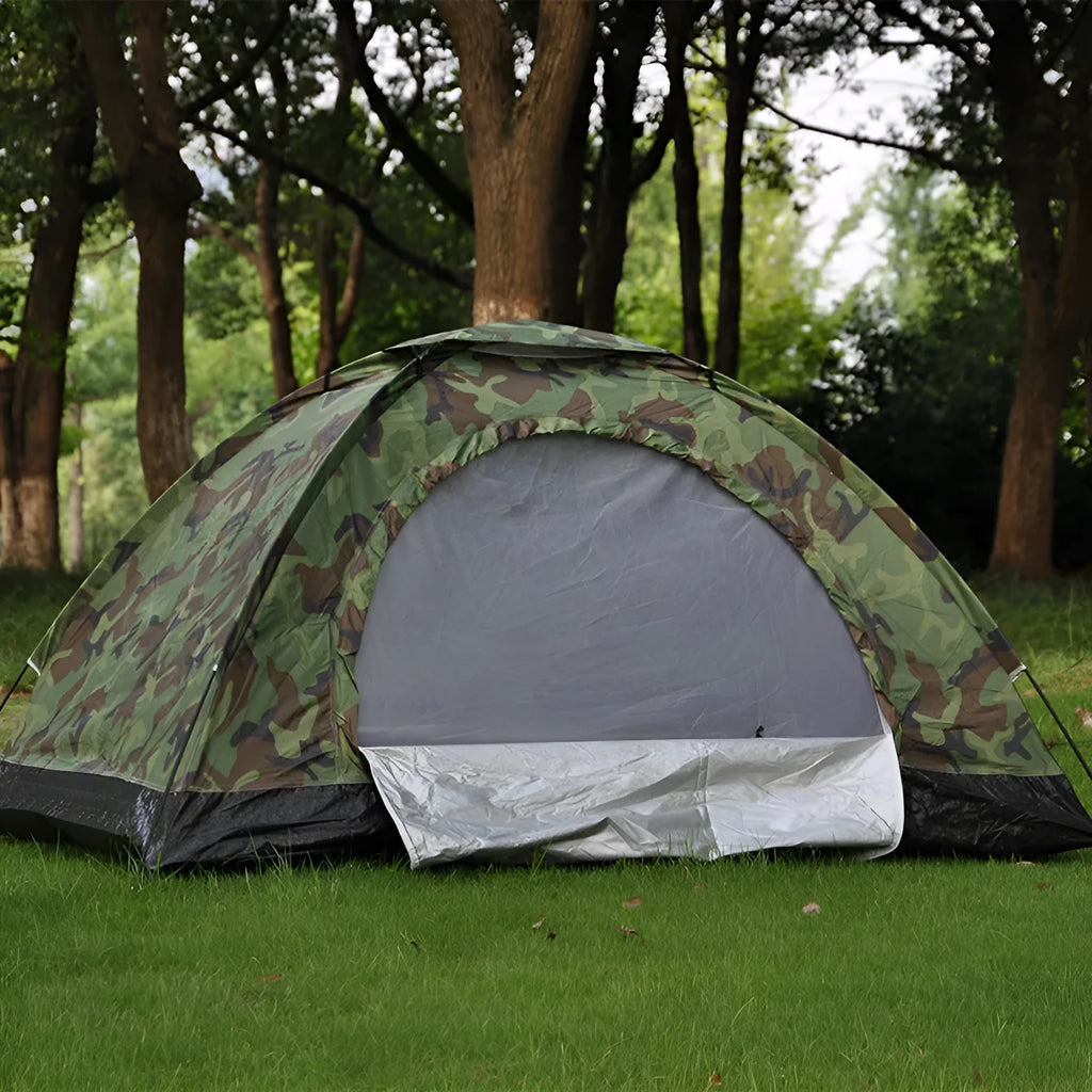 Camouflage two-person camping tent with triangular skylight and breathable mesh panels