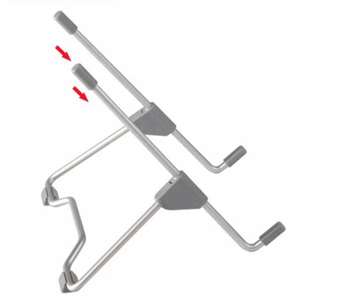 Grey aluminium alloy mobile phone and laptop stand on a wooden desk.