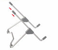 Grey aluminium alloy mobile phone and laptop stand on a wooden desk.