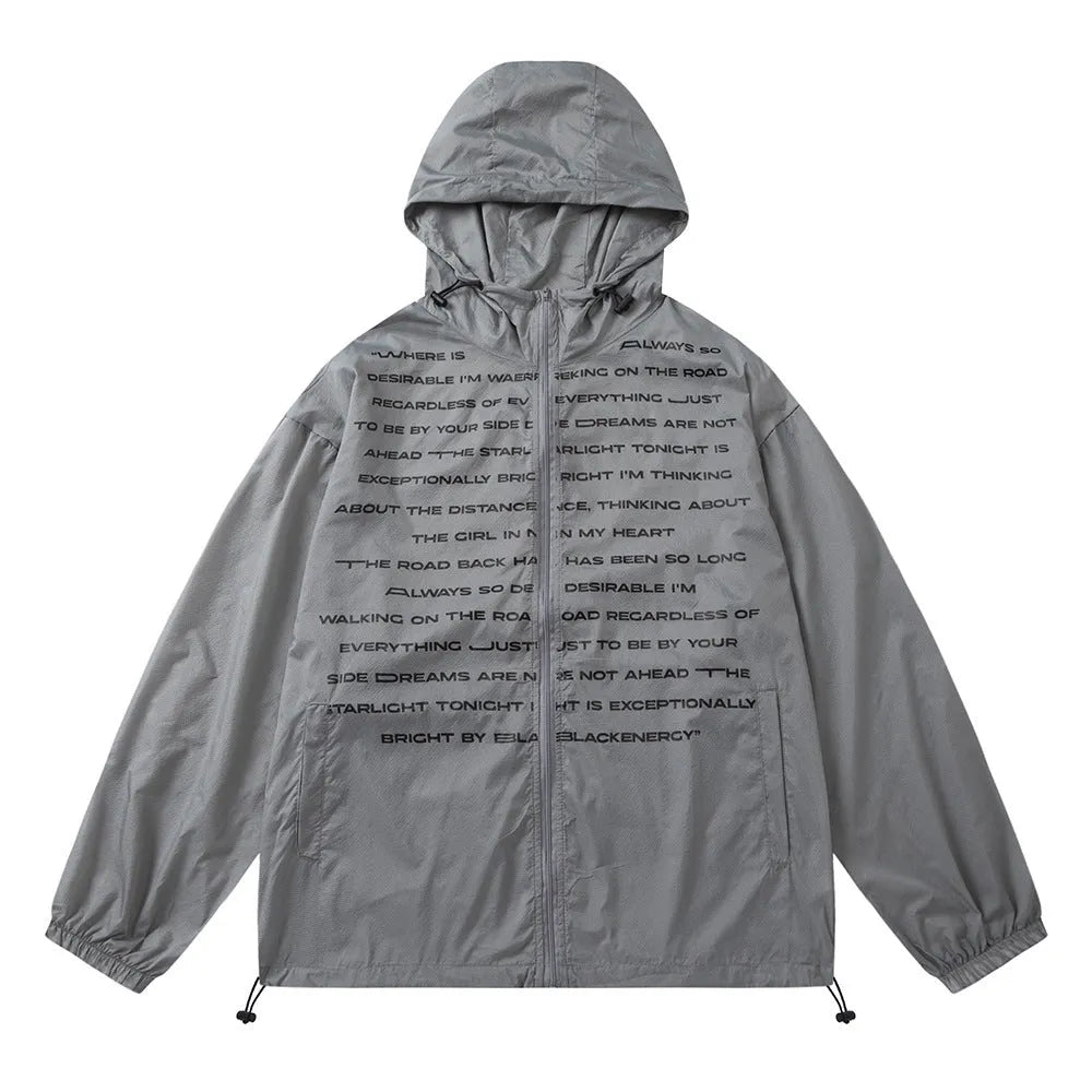 Men's gray nylon sun protection jacket with English letter print, front view, leisure outdoor wear