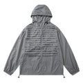 Men's gray nylon sun protection jacket with English letter print, front view, leisure outdoor wear