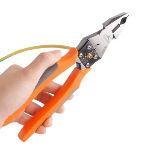 Orange multi-function wire cutter pliers with forged steel head and textured PVC handles.