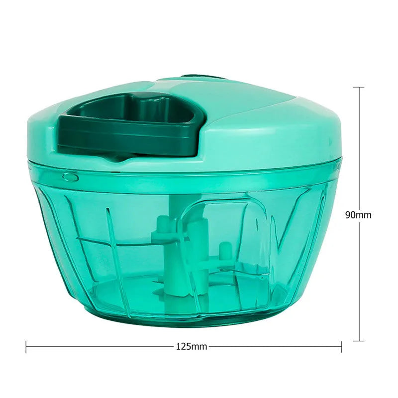 Green manual kitchen chopper grinder with three stainless steel blades, showing 500ml capacity.
