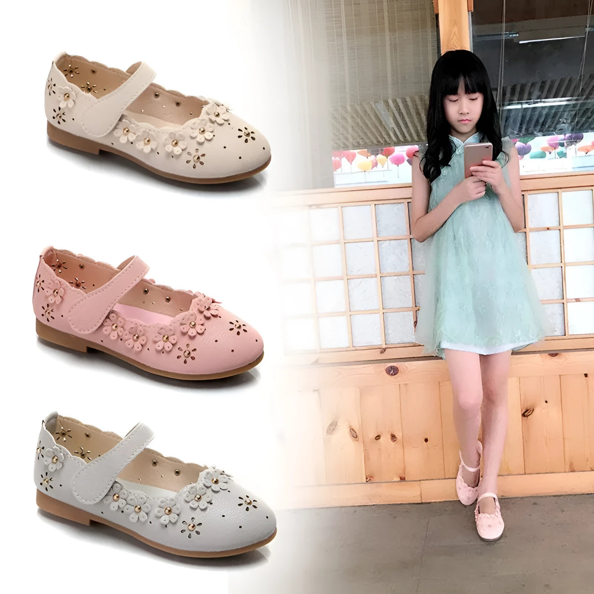 Girls flat princess shoes in pink or white with rubber sole and EVA upper, sizes 21 to 36