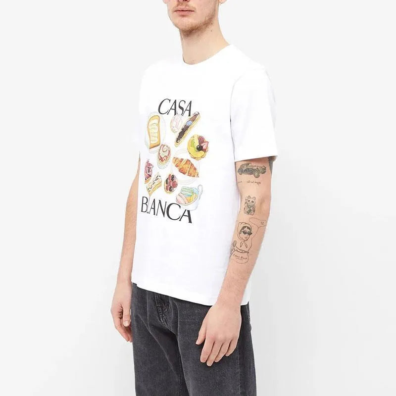 White short sleeve T-shirt with afternoon tea and hamburger print, stripe pattern, loose linen top in S M L XL