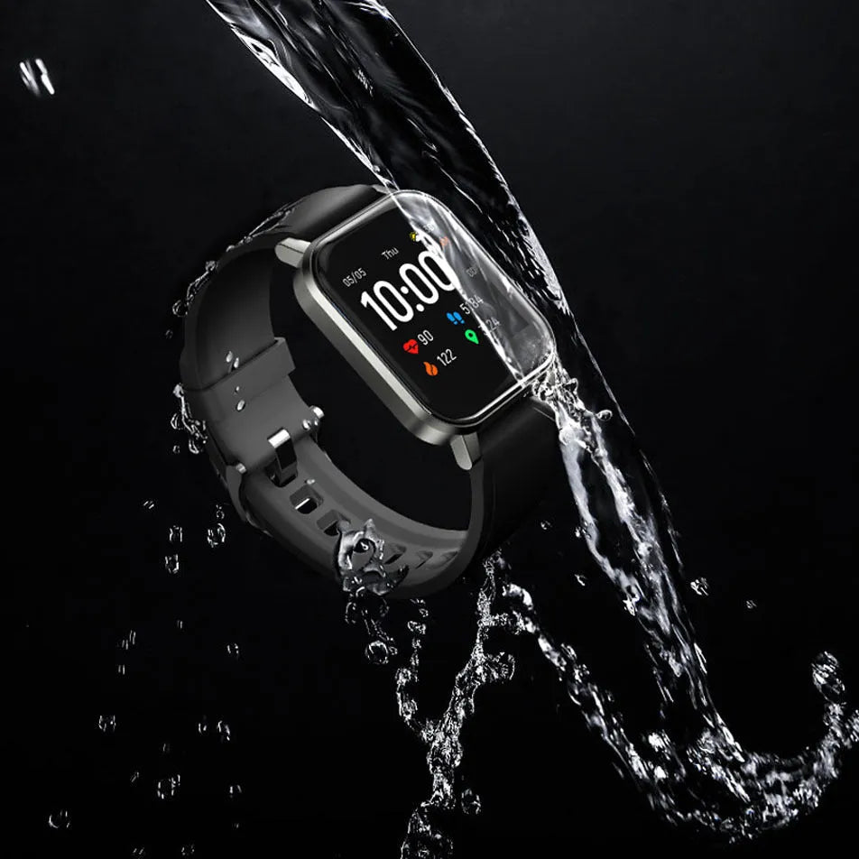 Black waterproof smart bracelet with 1.4 inch screen and silicone strap showing heart rate data