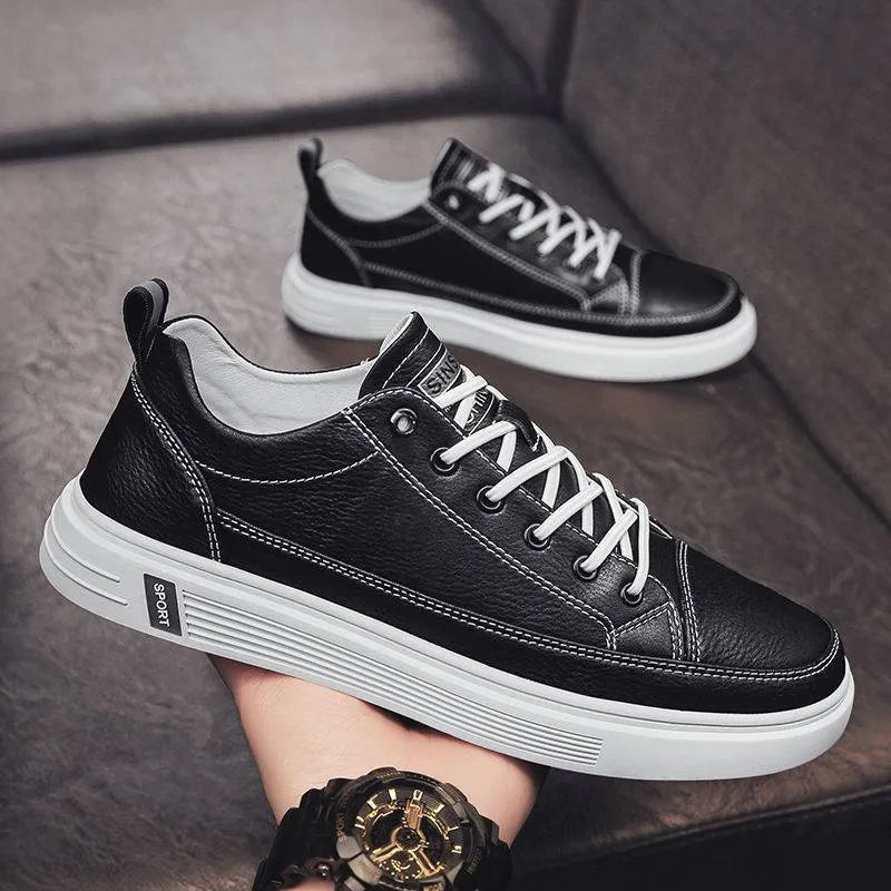 Men's casual white PU shoes with round toe and shallow mouth design on a flat sole.