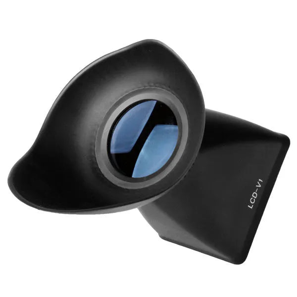 Black camera LCD screen viewfinder magnifier with magnetic mount shown on a DSLR.