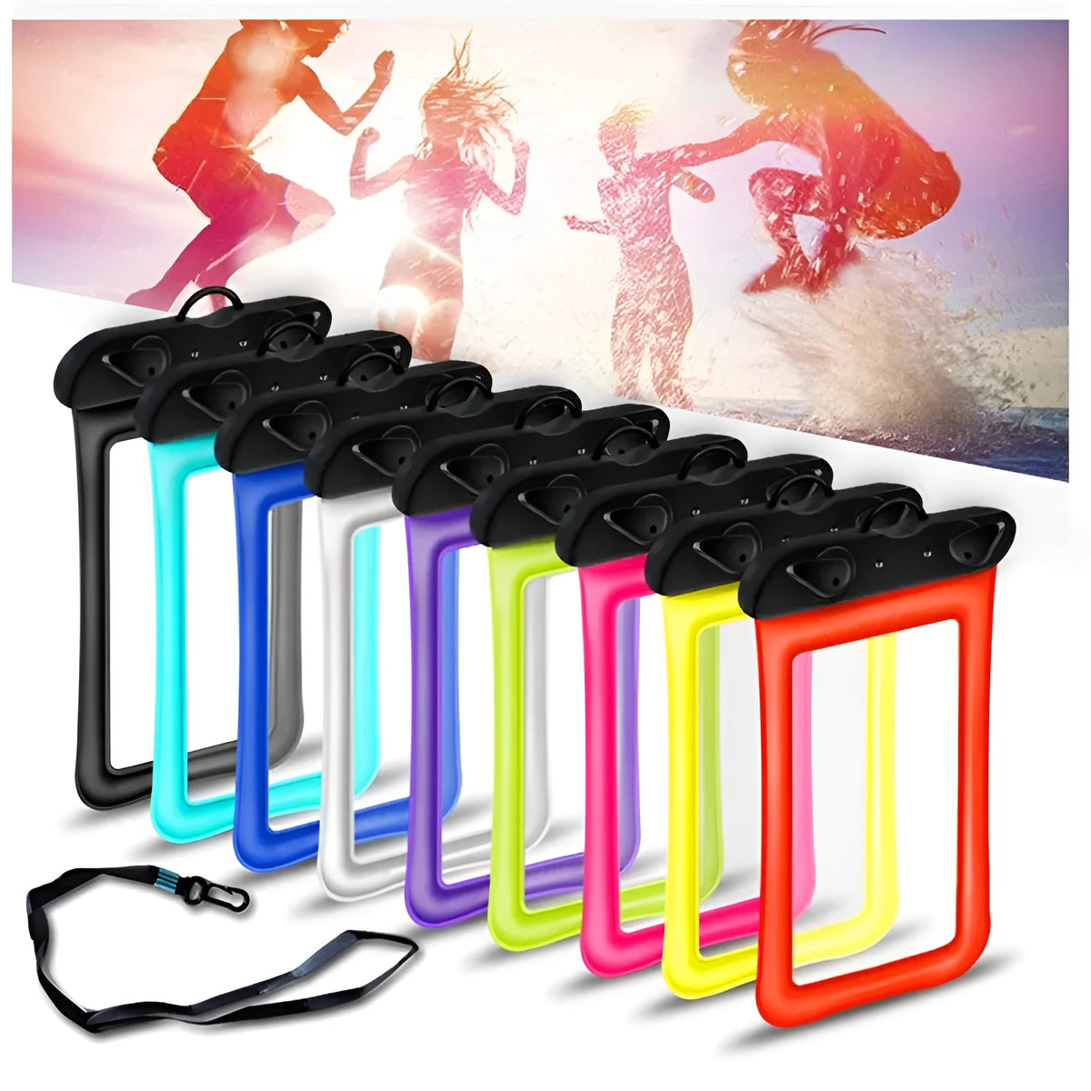 Orange double airbag waterproof mobile phone pouch with 45cm black neck rope.