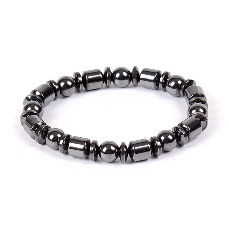 Black pentagram stone magnetic therapy bracelet with magnetite and hematite stretch design