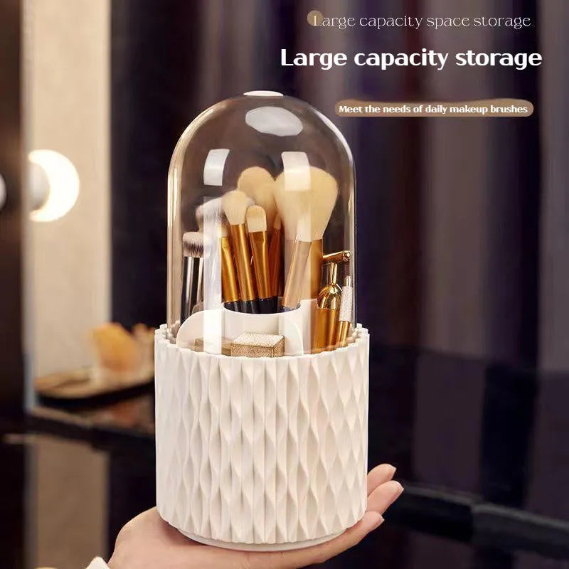 White acrylic rotating makeup brush storage holder with transparent lid and split compartments