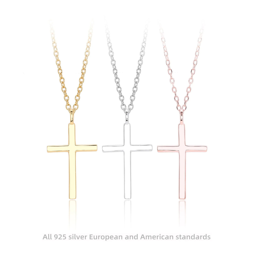 S925 sterling silver necklace with simple cross pendant on O-shaped chain in gold plating