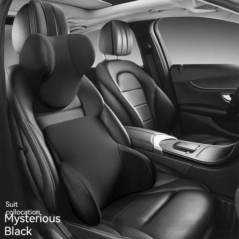Memory foam car headrest pillow and matching lumbar support pillow with knitted fabric.