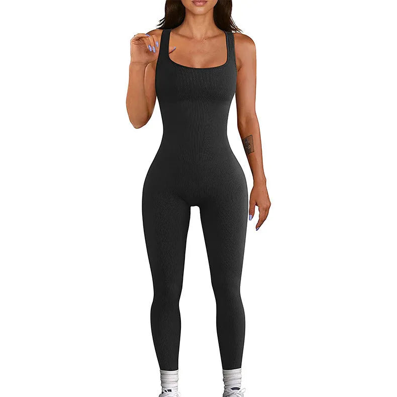 Women's long sleeve spandex suspender bodysuit tights with waist detail and button fastening.