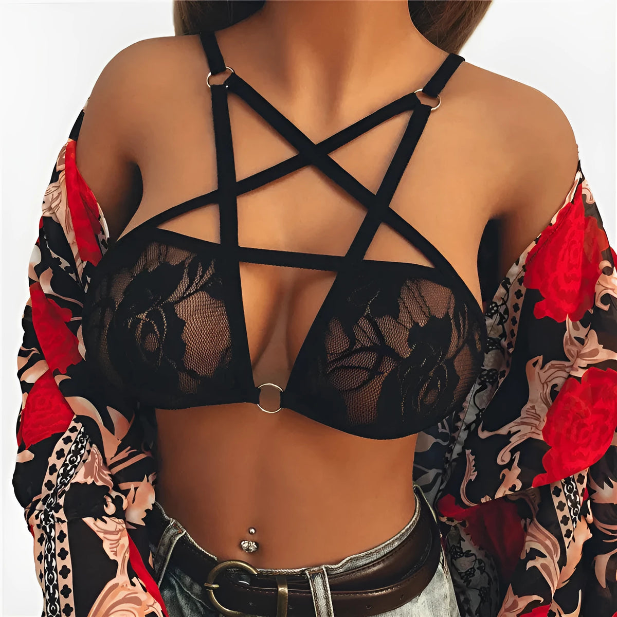 Black lace Gothic Pentagram Bra with beauty back, no steel ring, 3/4 cup, vest style, fixed straps, sizes S-XL.