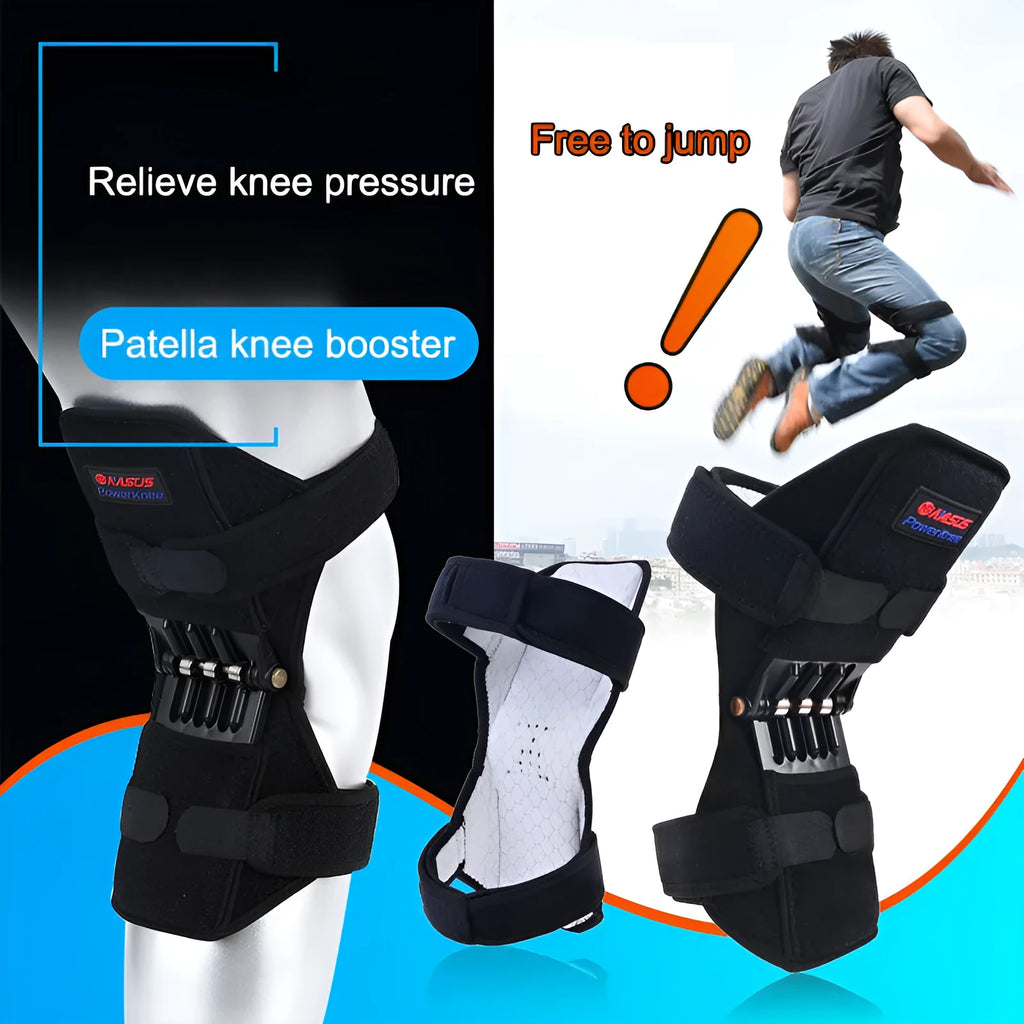 Black spring-loaded knee support brace with adjustable straps and venting holes, shown on a knee.