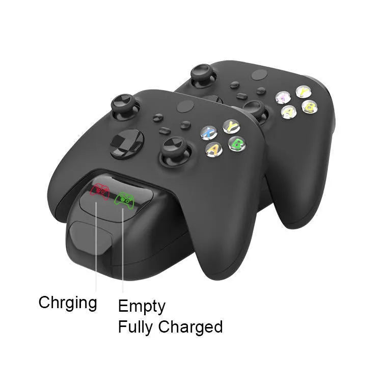 Black Xbox Series X controller charging dock with two battery packs and Type-C cable