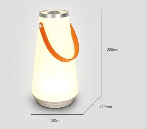 White rechargeable LED table lamp with adjustable brightness settings measuring 12x12x22cm