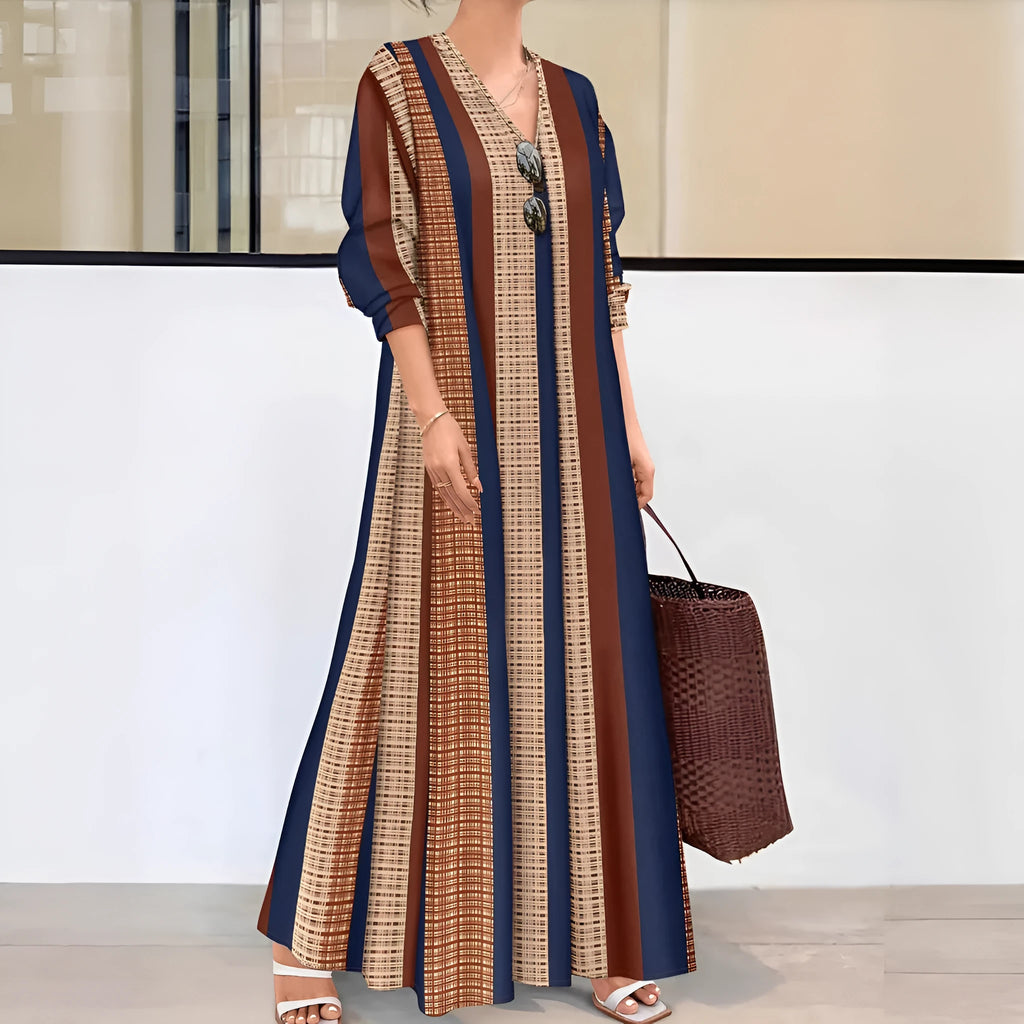 Camel coloured vertical striped V-neck knitted long dress with A-line silhouette on hanger