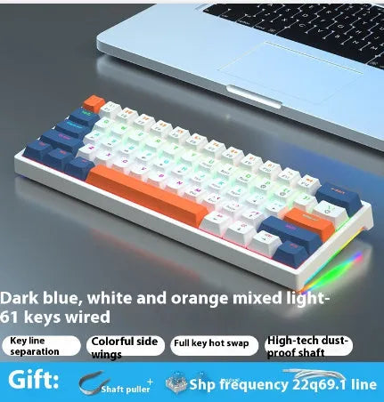 Bluish black 61-key compact mechanical keyboard with hot-swappable sockets and coloured keycaps.