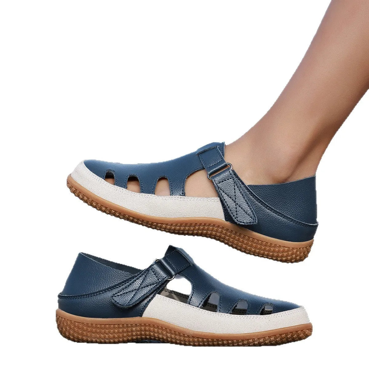 Plus size women's flat heel sandals with hollow breathable design and toe cap in white, red, and blue colours