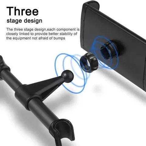 Black car phone holder mounted on vehicle rear seat base with tablet secured in adjustable grip