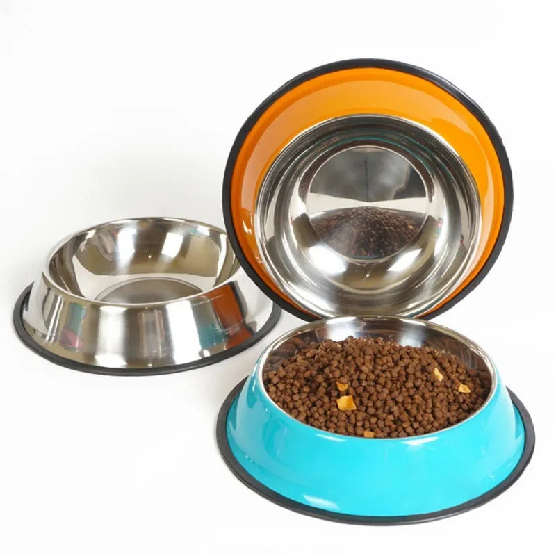 Dual-use stainless steel pet bowl with colourful melamine exterior and non-slip rubber base