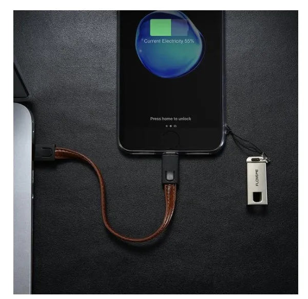 Leather braided iPhone charging cable with zinc alloy connectors in black, brown, or red colour options