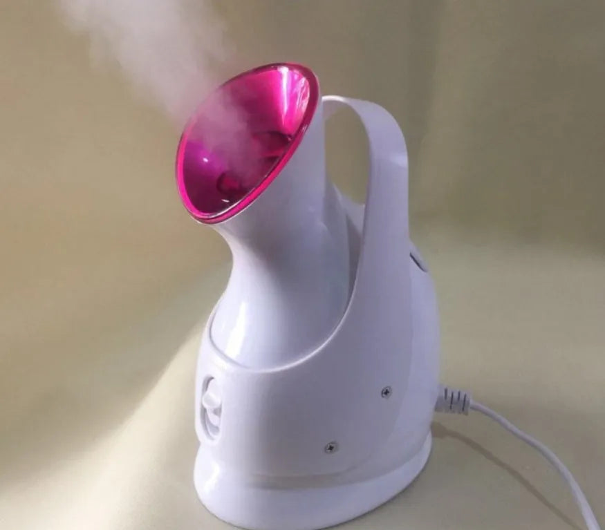 White handheld humidifying steaming machine, 280W, 220V-50HZ, 143x105x225mm, with 40°C mist output and plug options.