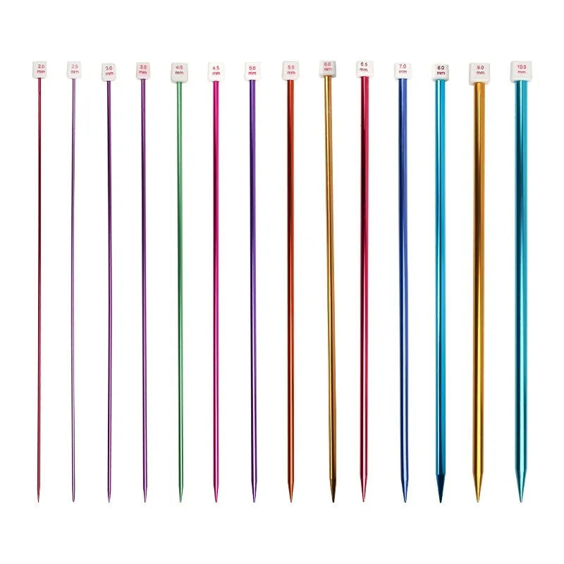 Set of aluminium crochet hooks with protective caps in multiple sizes from 2.0mm to 10.0mm.