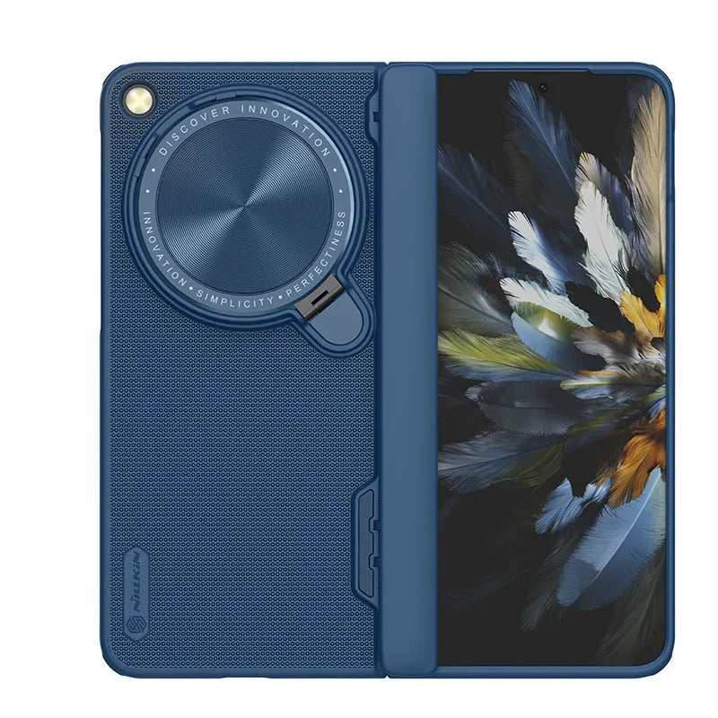 Frosted hard phone case for OnePlus folding phone with invisible metal bracket, in black, blue, or dark green.