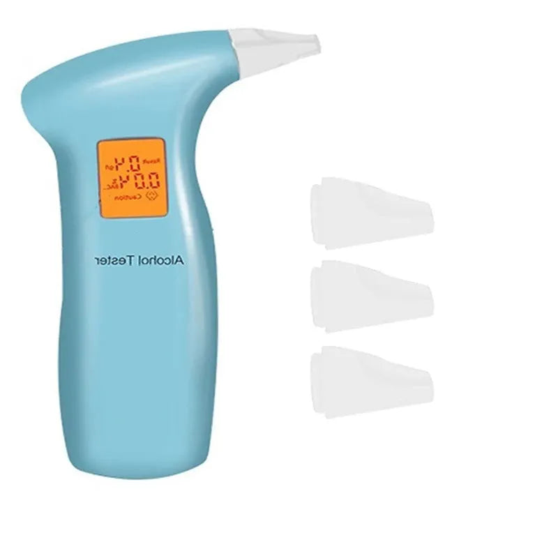 Portable orange light breath alcohol tester with disposable mouthpieces in grey or blue case