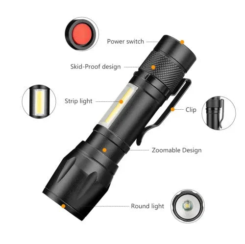 Black aluminium mini LED flashlight with telescopic zoom head and pocket clip