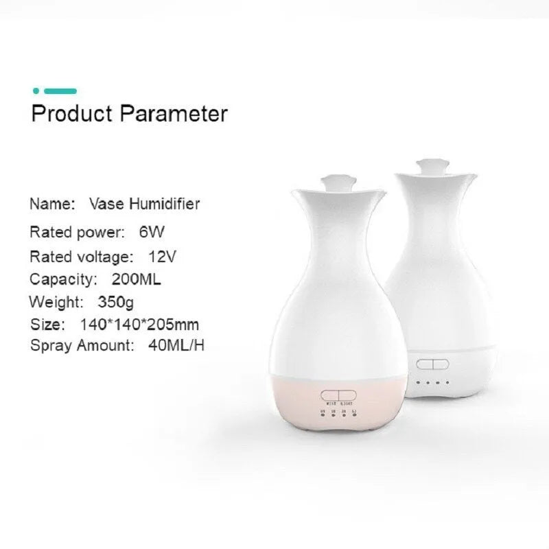 White ultrasonic aromatherapy vase diffuser with colour-changing night light and 200ml water tank capacity.