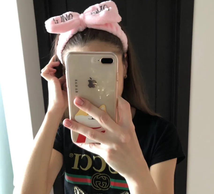 Coral velvet butterfly end cloth hair band for women in pink with letter design