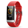 V19 smart health bracelet in black, blue, or red with ECG and SpO2 monitoring display.