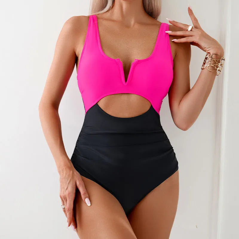 Women's one-piece swimsuit with contrasting colour blocks in nylon fabric