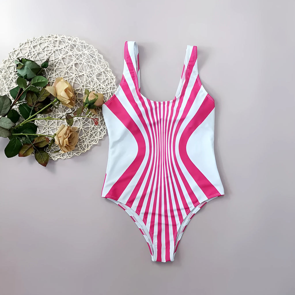 Pink striped women's one-piece swimsuit with digital print on front and back.