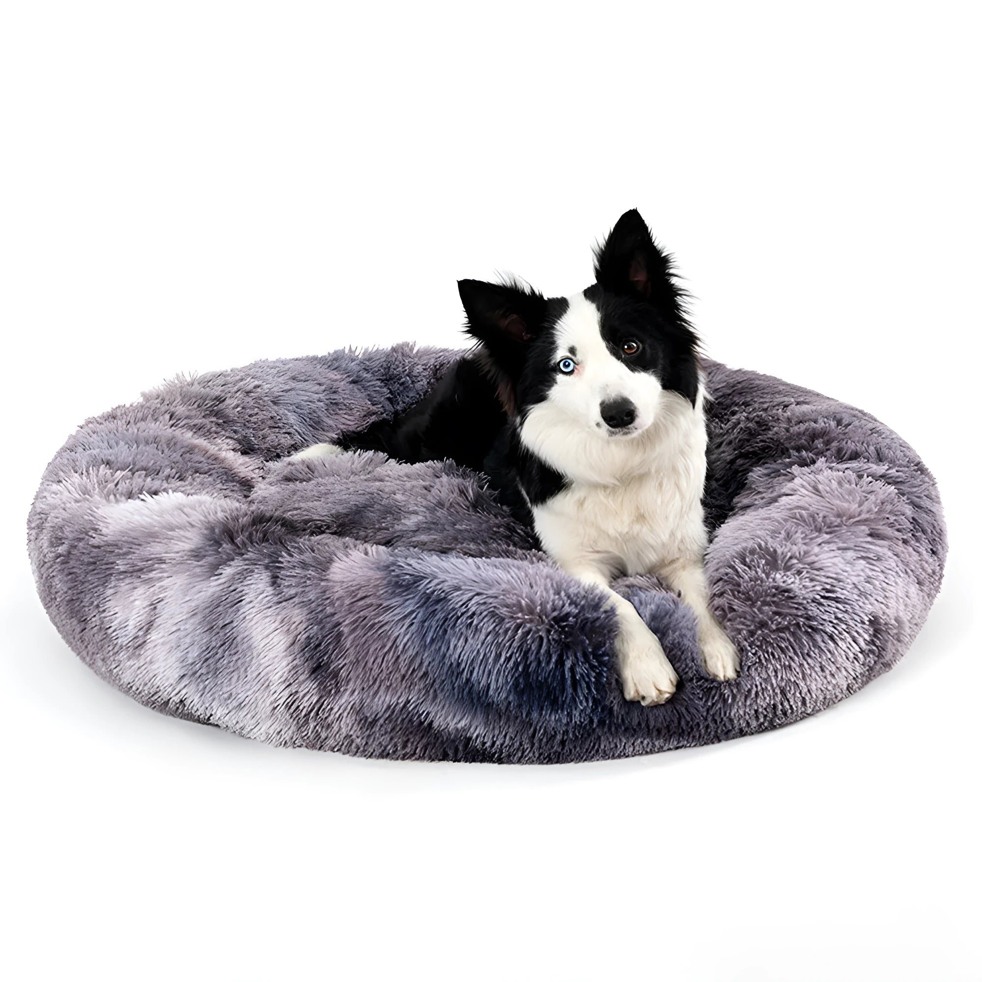 Fluffy donut-shaped pet bed in long plush fabric, shown in a grey colour